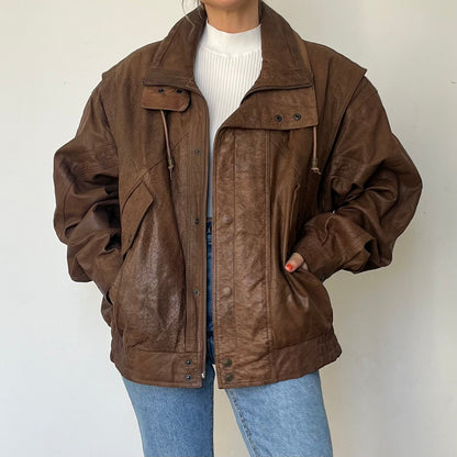 Vintage Brown Leather Bomber Jacket