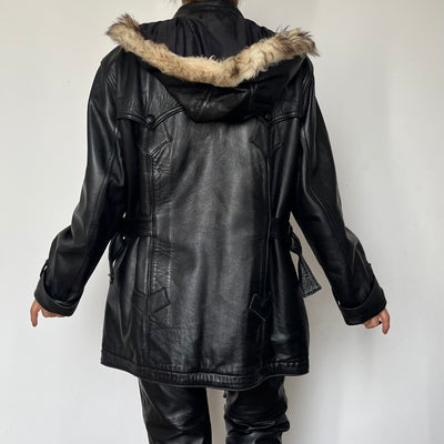 Vintage Woman black Leather parka Jacket with hood