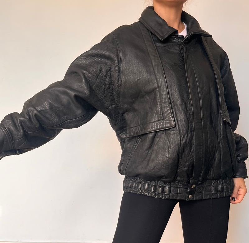 Vintage Bomber black leather jacket