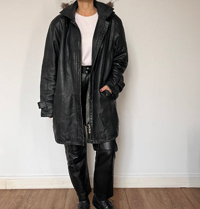 Black leather hooded jacket