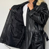 Vintage Woman black Leather parka Jacket with hood