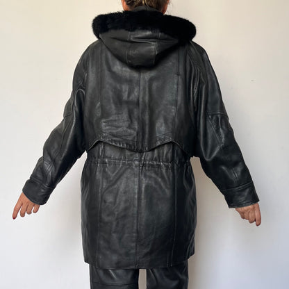 Vintage black leather hooded jacket