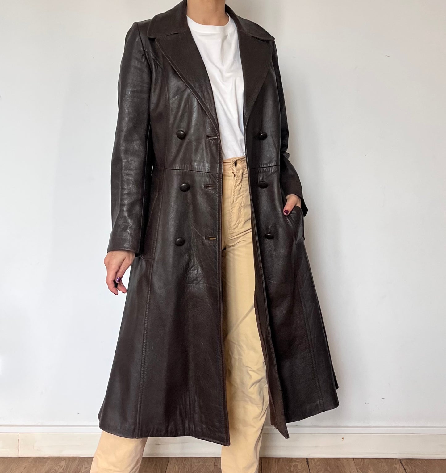 Vintage brown leather long trench coat