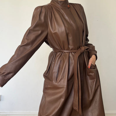 Vintage Brown leather Long Trench Coat