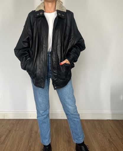 Vintage Bomber sherpa black leather jacket