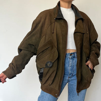 Vintage green Leather Bomber Jacket