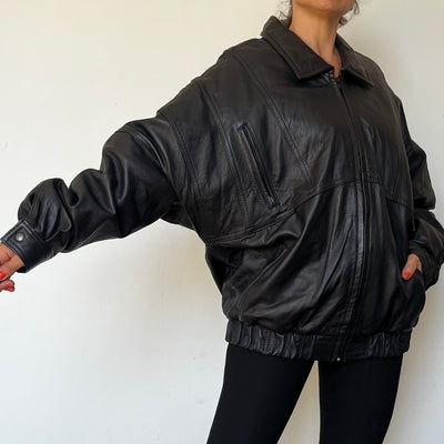 Vintage Black Leather Bomber Jacket