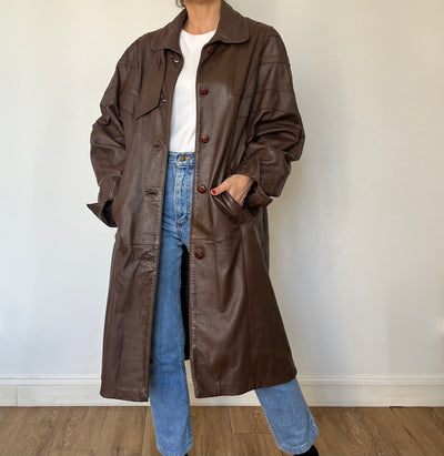 Vintage brown leather Long Trench Coat with belt