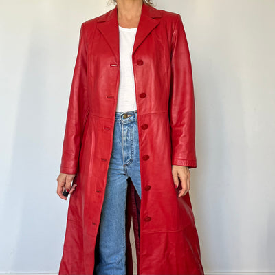 Vintage red Leather long Trench coat