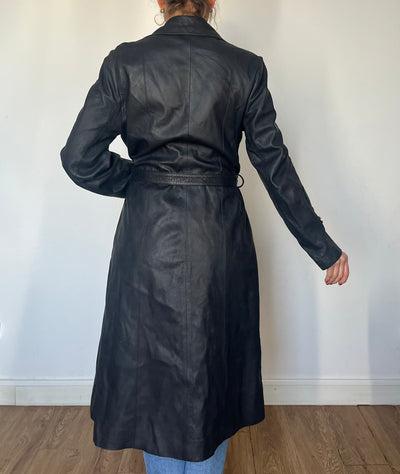 Vintage dark blue leather Long Trench Coat