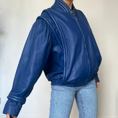 Vintage Blue Leather Bomber Jacket