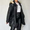 Vintage Woman black Leather parka Jacket with hood