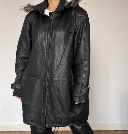 Black leather hooded jacket