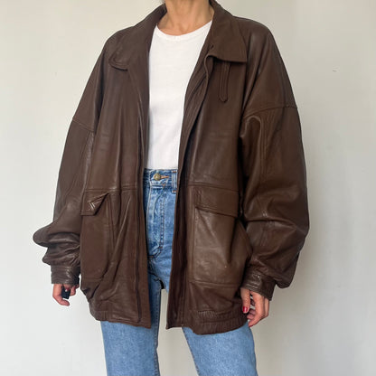 Vintage Brown Leather Bomber Jacket