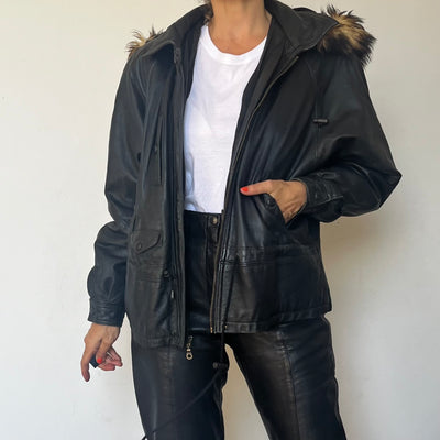 Black leather hooded jacket