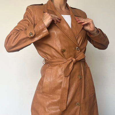 Vintage leather Long Trench Coat