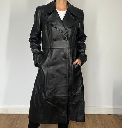 Vintage Black Leather Trench Coat