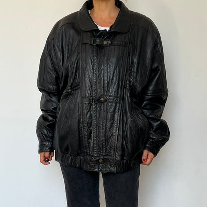 Vintage Black Leather Bomber Jacket