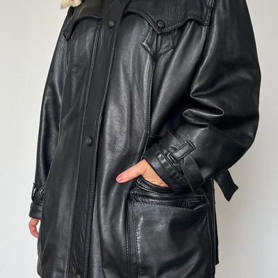 Vintage Woman black Leather parka Jacket with hood