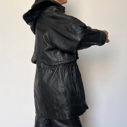 Vintage black leather hooded jacket