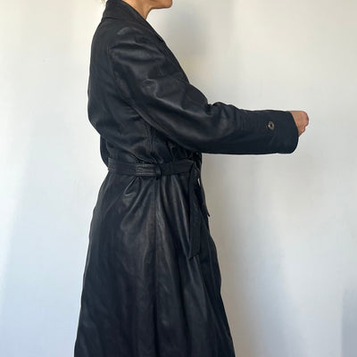 Vintage dark blue leather Long Trench Coat