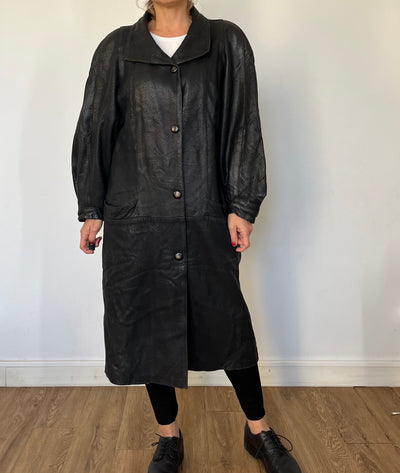 Vintage Black Leather long Overcoat