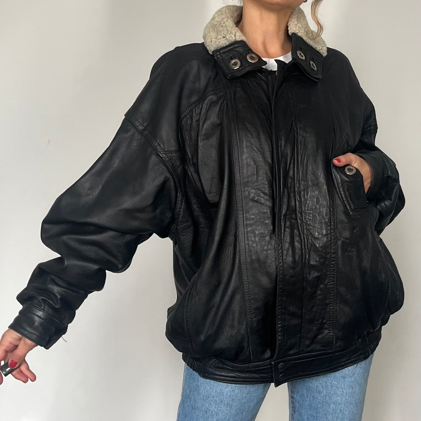 Vintage Bomber sherpa black leather jacket