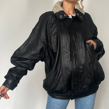Vintage Bomber sherpa black leather jacket