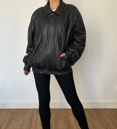 Vintage Black Leather Bomber Jacket