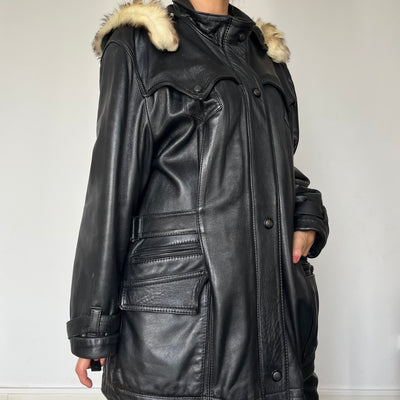 Vintage Woman black Leather parka Jacket with hood