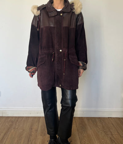 Vintage Burgundy leather hooded jacket