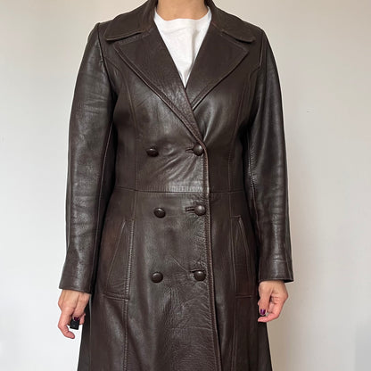 Vintage brown leather long trench coat