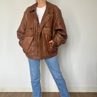 Vintage Brown Leather Bomber Jacket