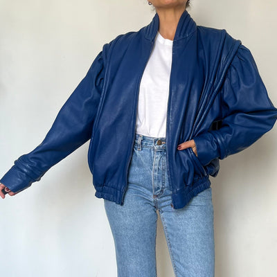 Vintage Blue Leather Bomber Jacket