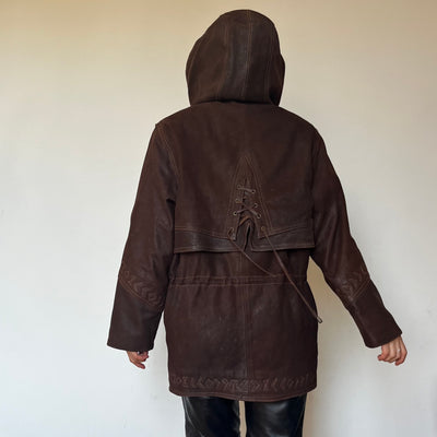 Brown leather hooded jacket