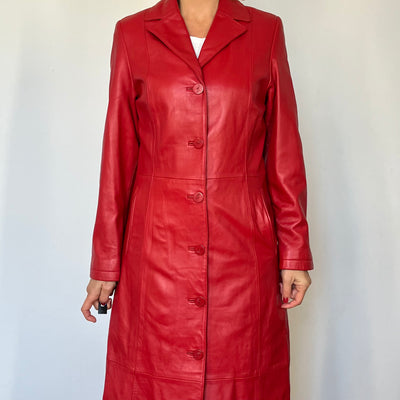 Vintage red Leather long Trench coat