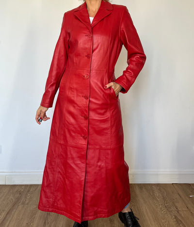 Vintage red Leather long Trench coat