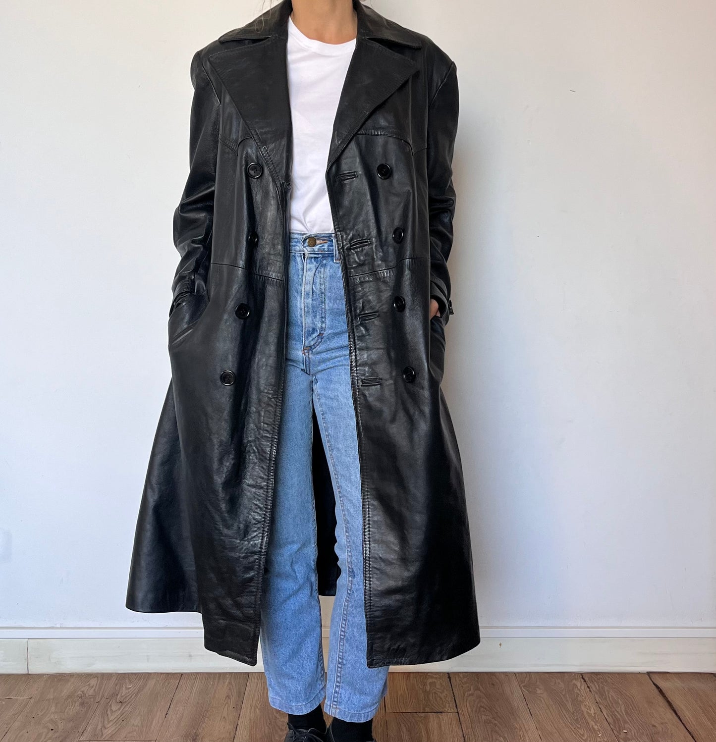 Vintage Black Leather Trench Coat