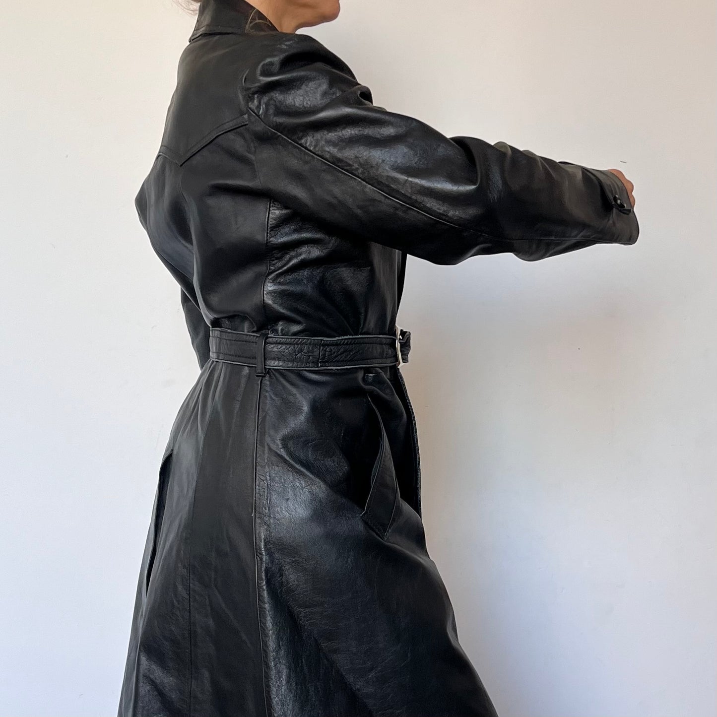 Vintage Black Leather Trench Coat