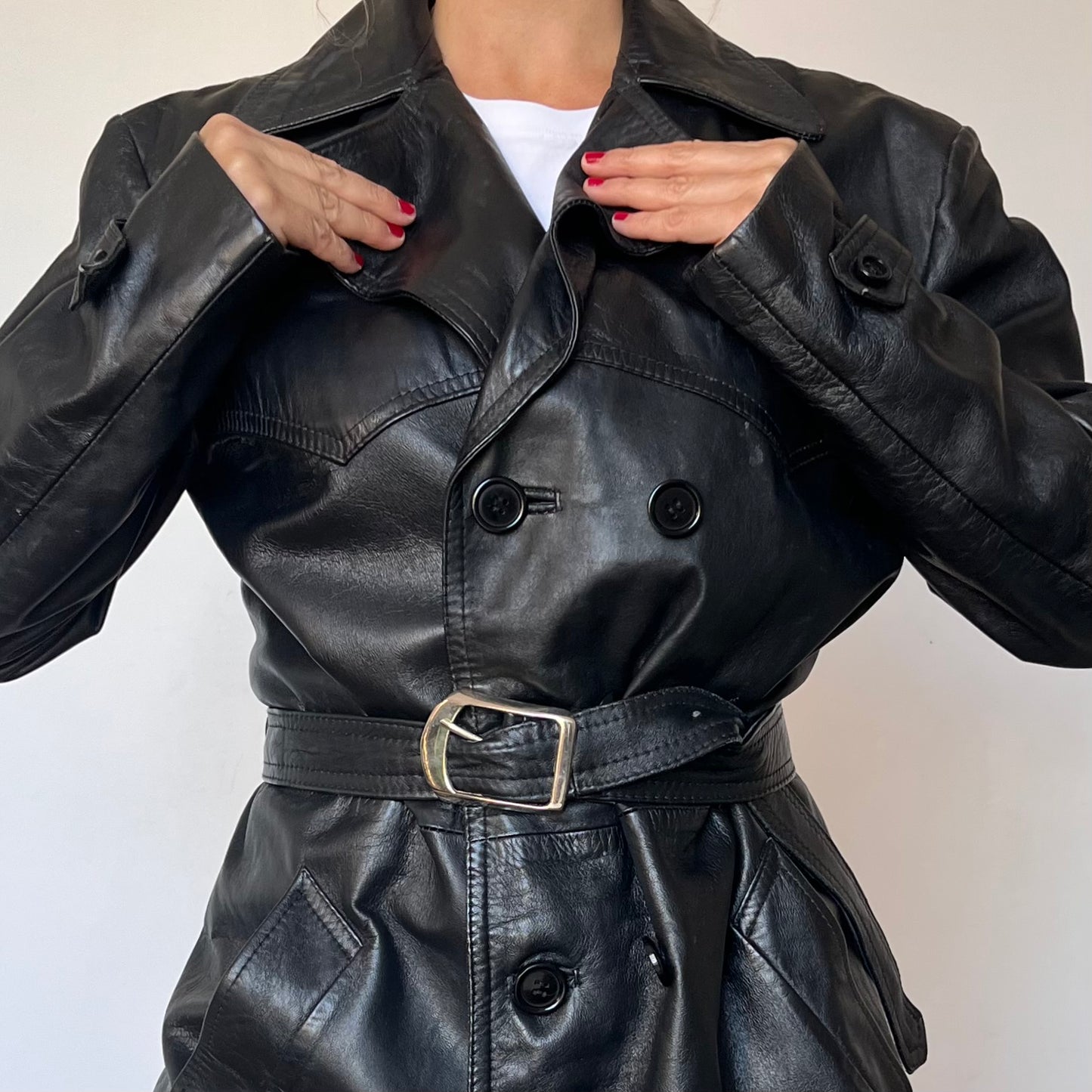 Vintage Black Leather Trench Coat