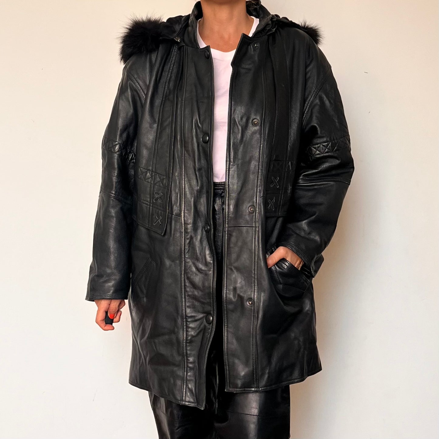 Vintage black leather hooded jacket
