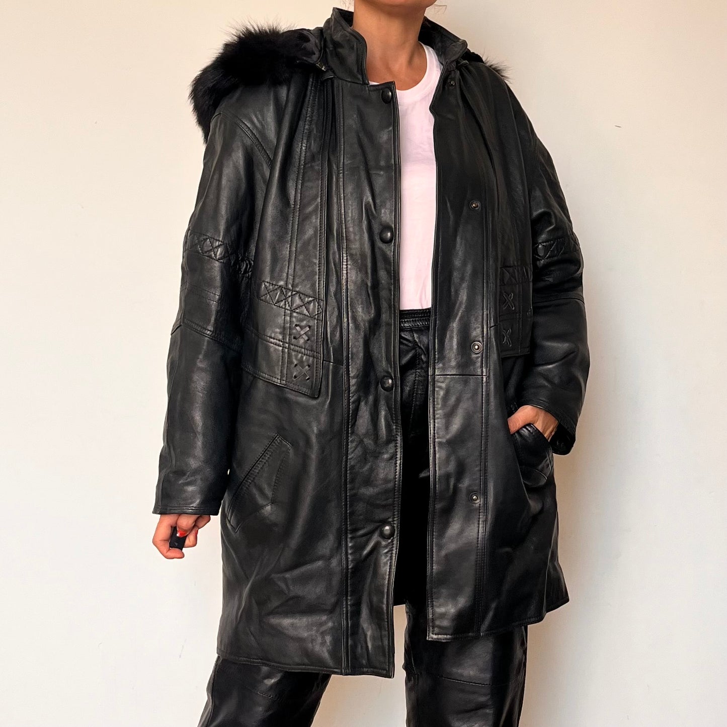 Vintage black leather hooded jacket