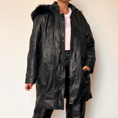 Vintage black leather hooded jacket