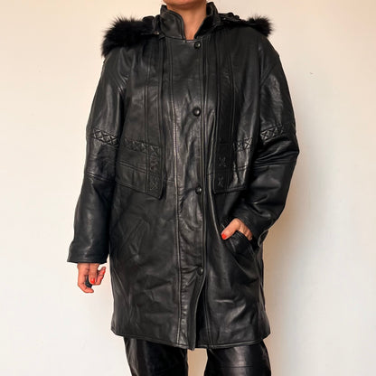 Vintage black leather hooded jacket