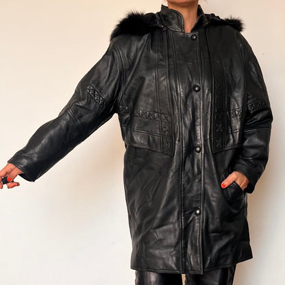 Vintage black leather hooded jacket