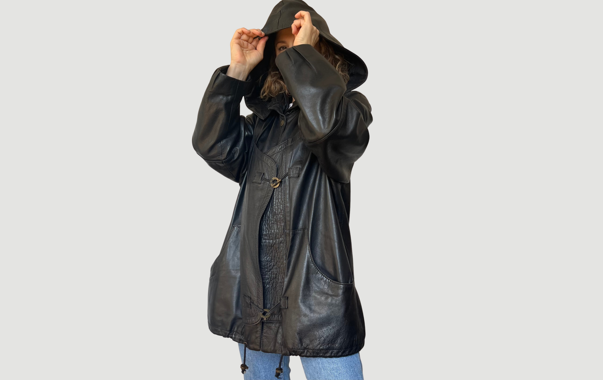 Black leather hooded jacket