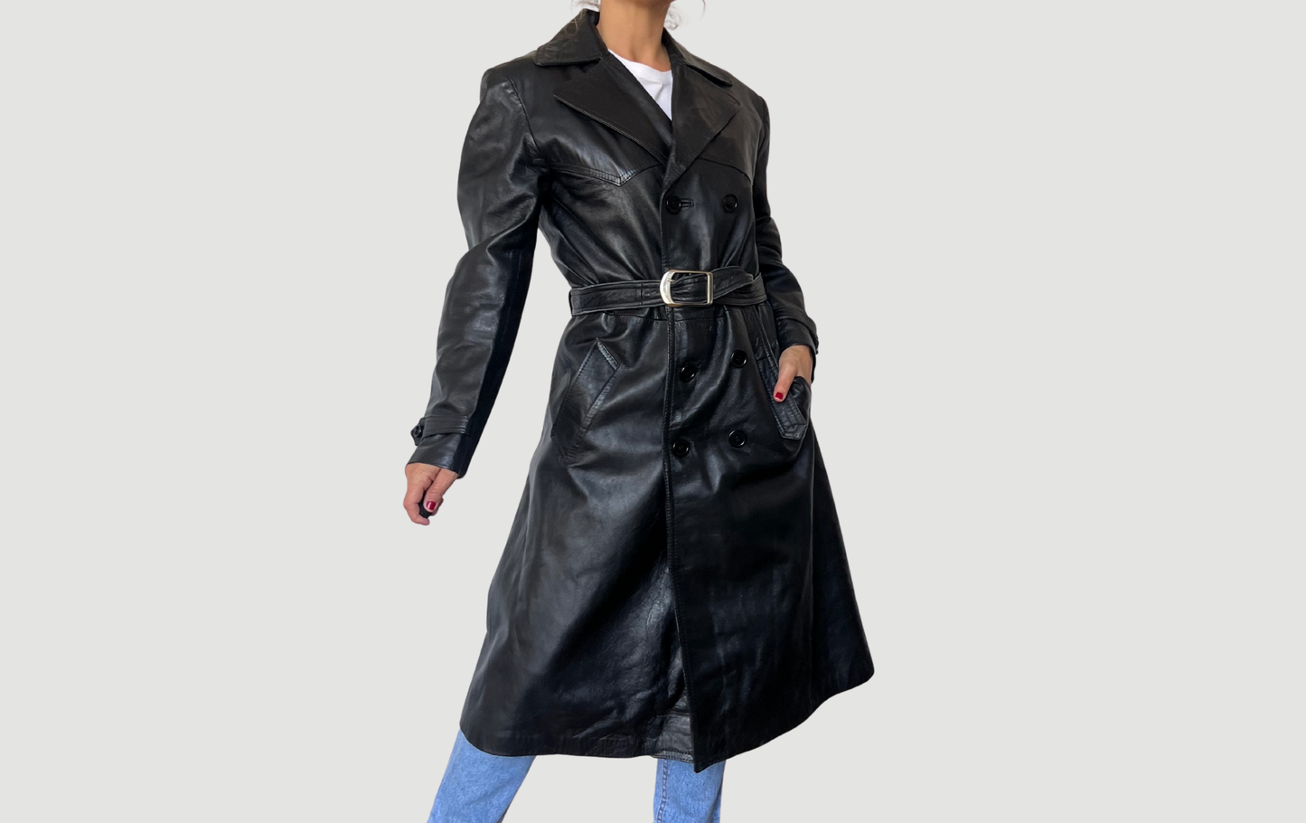 Vintage Black Leather Trench Coat