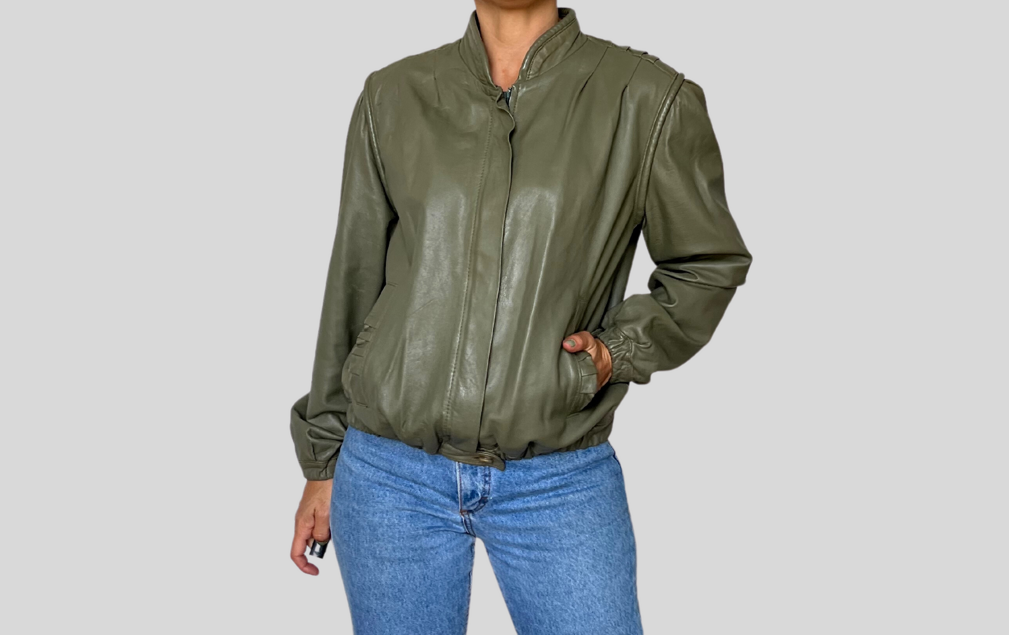 Green leather bomber jacket