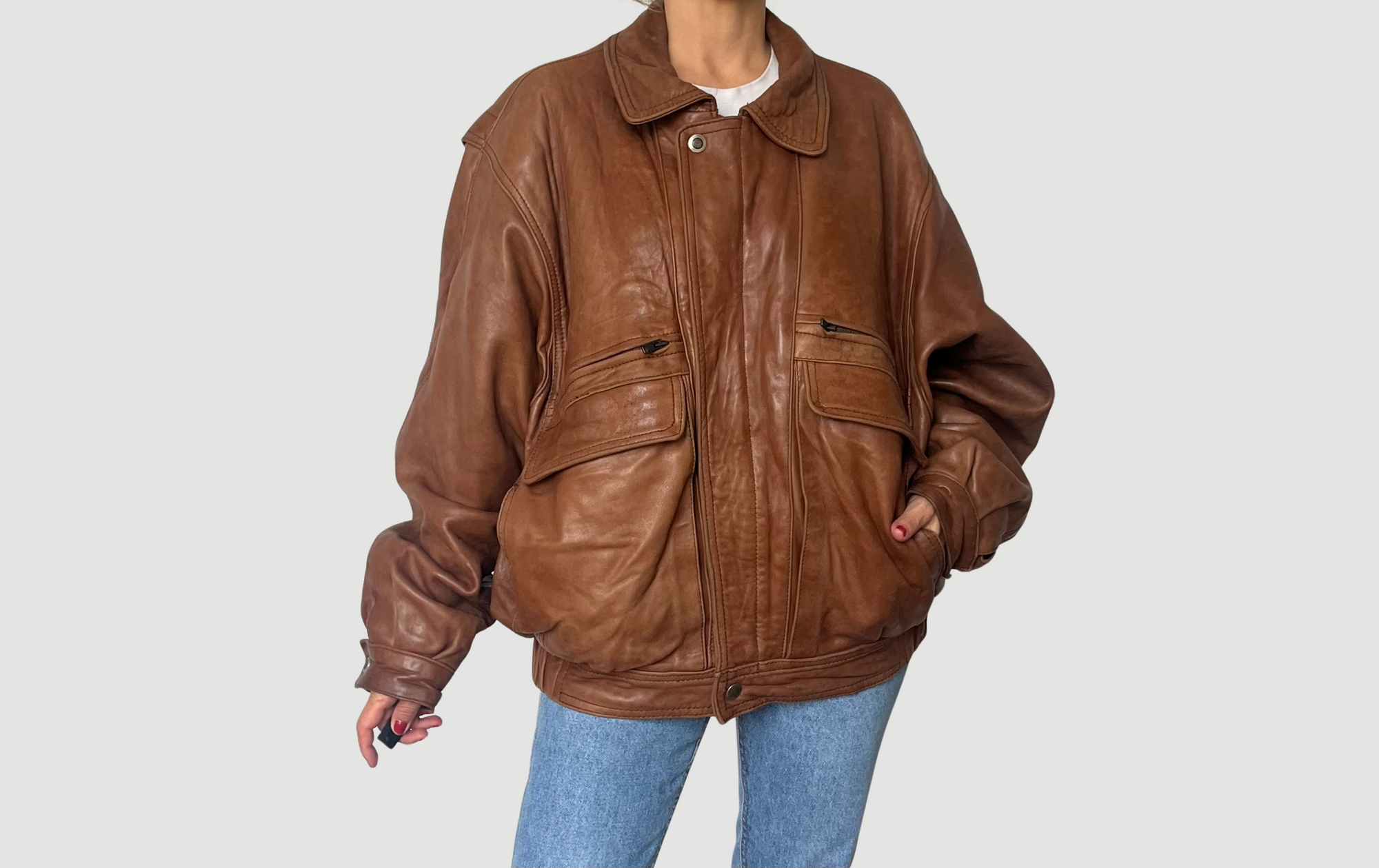 Vintage Brown Leather Bomber Jacket