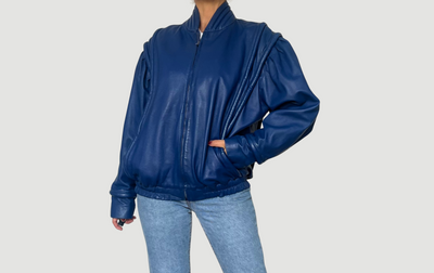 Vintage Blue Leather Bomber Jacket